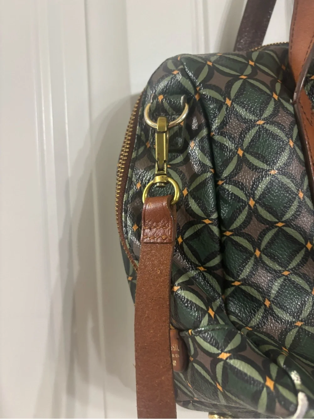 Fossil Green Geometric Dome Satchel with Brown Leather Trim - Picture 4 of 9